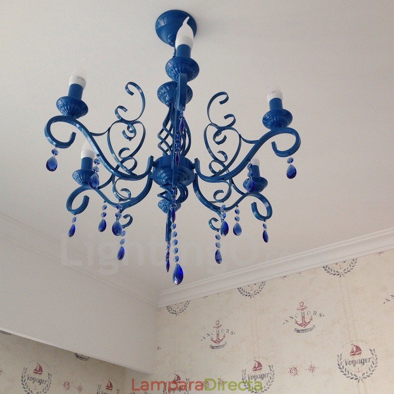 Lámpara colgante de cristal rústico retro vintage, color negro, blanco y azul, de 6 luces