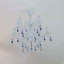 Lámpara colgante de cristal rústico retro vintage, color negro, blanco y azul, de 6 luces