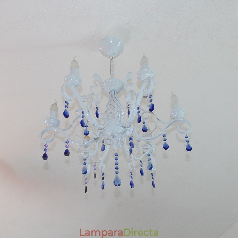 Lámpara colgante de cristal rústico retro vintage, color negro, blanco y azul, de 6 luces