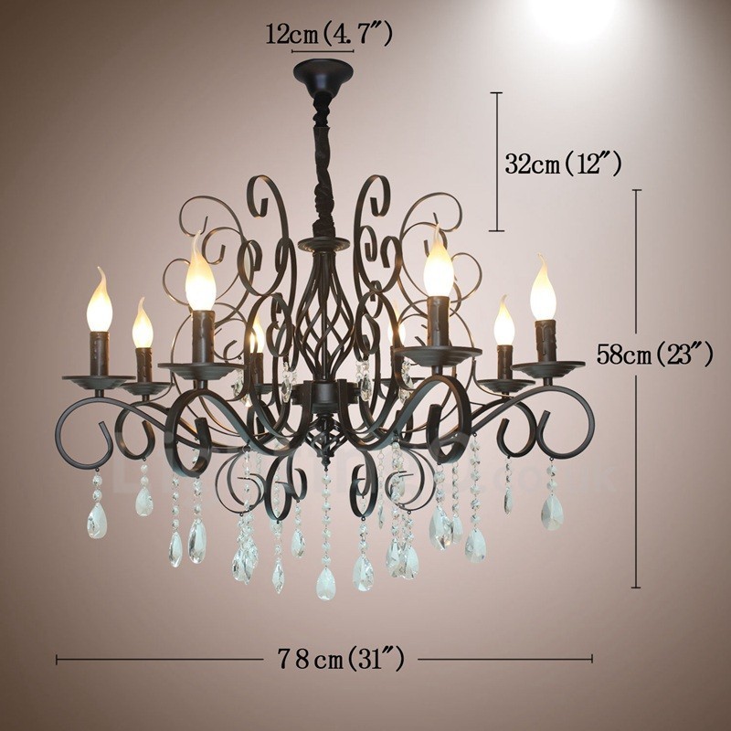 Lámpara colgante estilo vela de 8 luces de cristal, estilo rústico, retro, vintage, color negro
