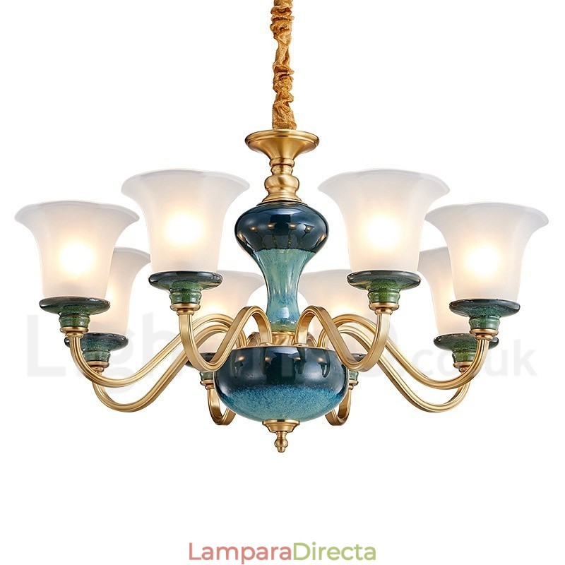 Lámpara colgante retro vintage de cerámica de latón con pantallas de cristal.