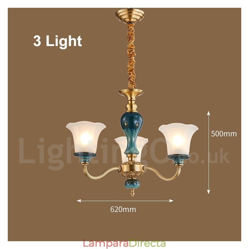 Lámpara colgante retro vintage de cerámica de latón con pantallas de cristal.