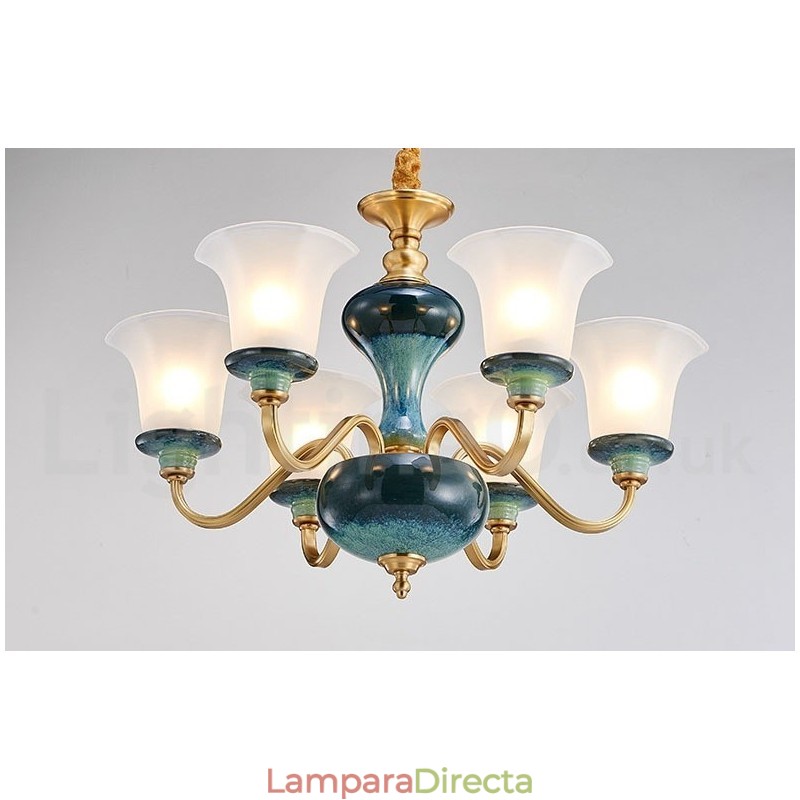 Lámpara colgante retro vintage de cerámica de latón con pantallas de cristal.