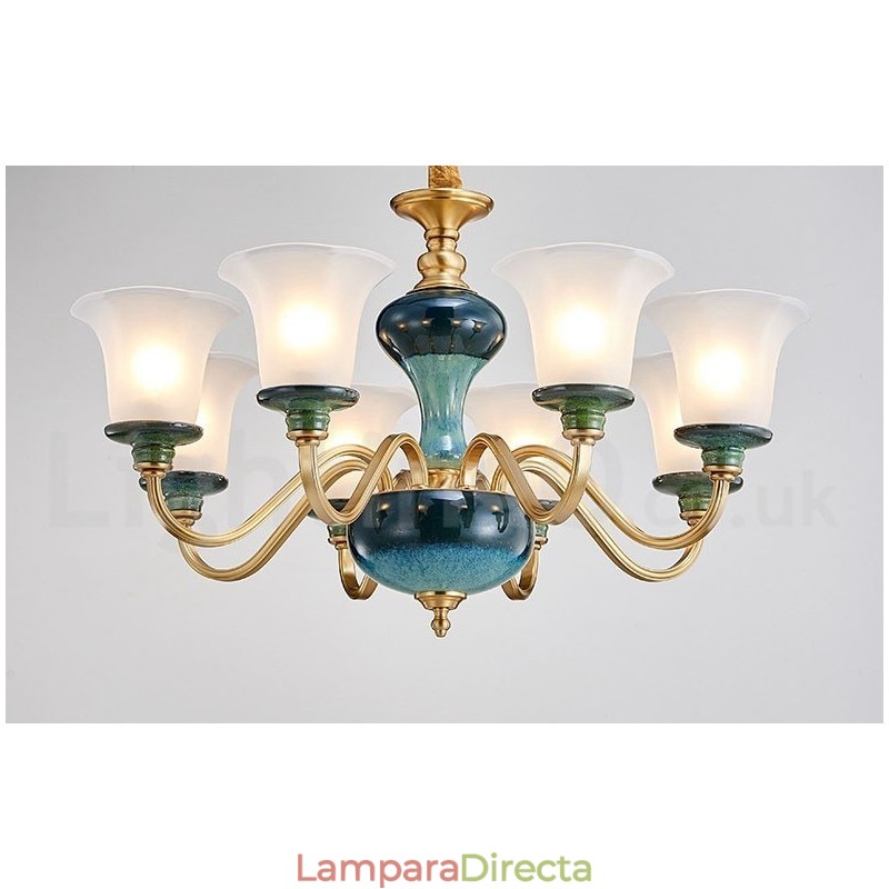 Lámpara colgante retro vintage de cerámica de latón con pantallas de cristal.