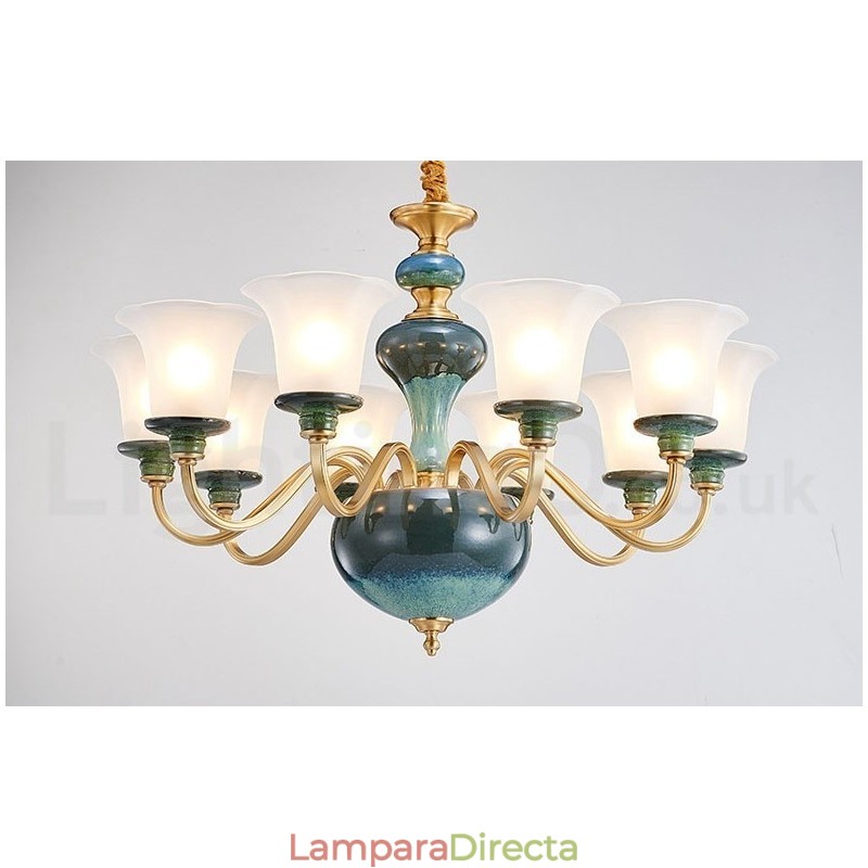 Lámpara colgante retro vintage de cerámica de latón con pantallas de cristal.
