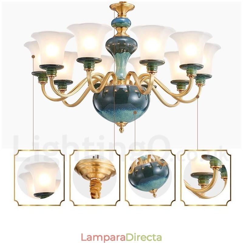 Lámpara colgante retro vintage de cerámica de latón con pantallas de cristal.