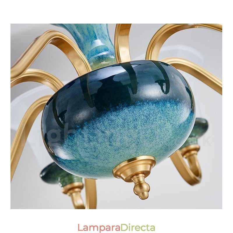 Lámpara colgante retro vintage de cerámica de latón con pantallas de cristal.