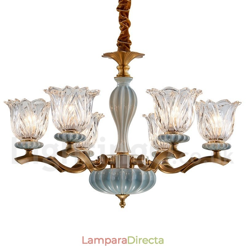 Lámpara colgante retro vintage de cerámica de latón con pantallas de cristal.