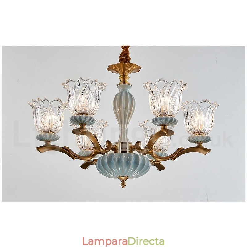 Lámpara colgante retro vintage de cerámica de latón con pantallas de cristal.