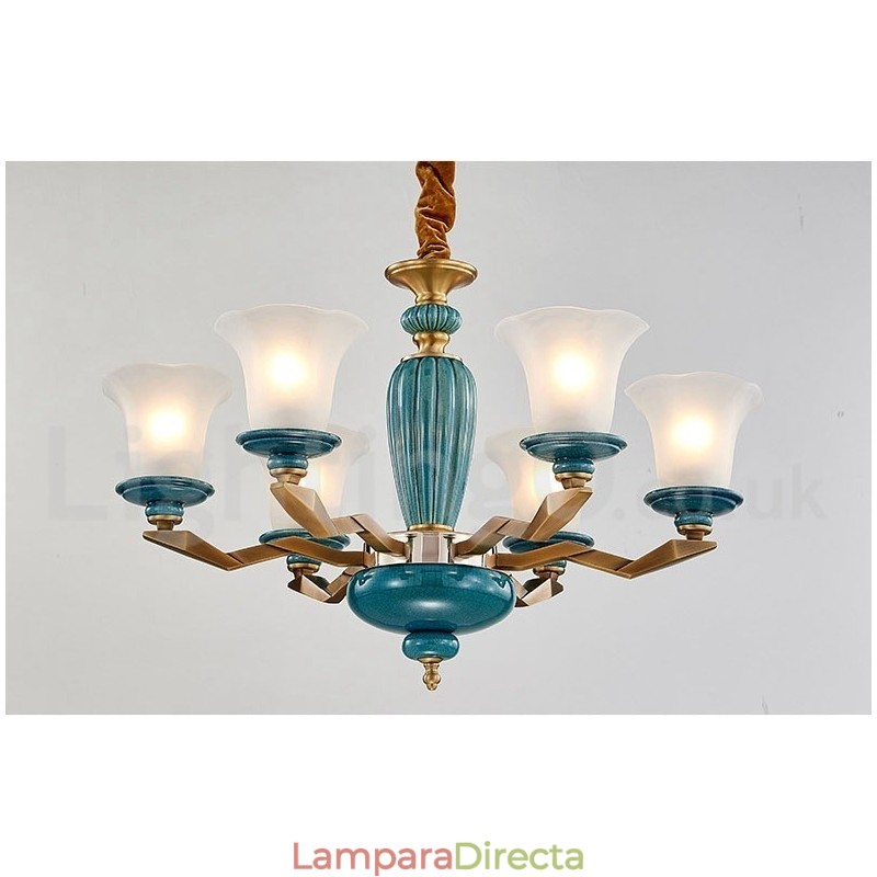 Lámpara colgante retro vintage de cerámica de latón con pantallas de cristal.