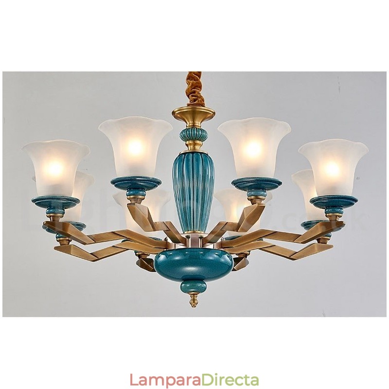 Lámpara colgante retro vintage de cerámica de latón con pantallas de cristal.
