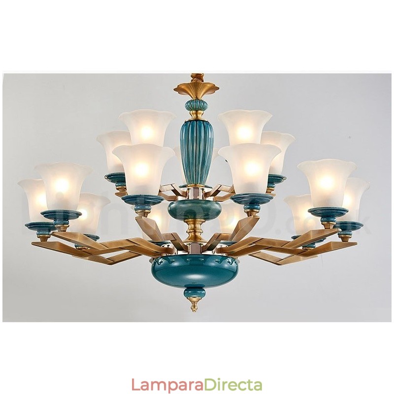 Lámpara colgante retro vintage de cerámica de latón con pantallas de cristal.