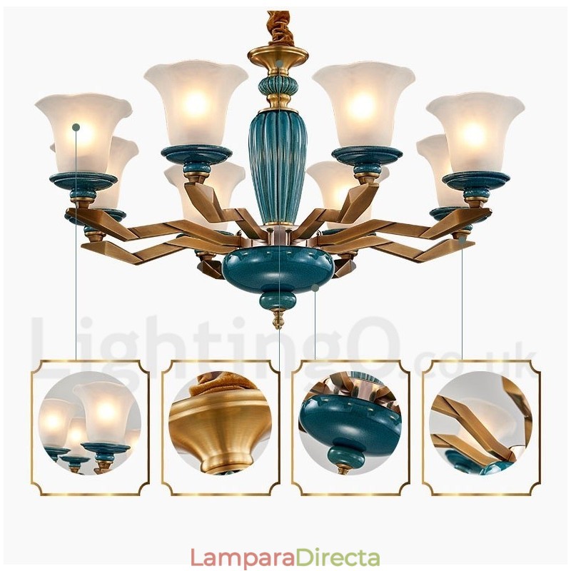Lámpara colgante retro vintage de cerámica de latón con pantallas de cristal.