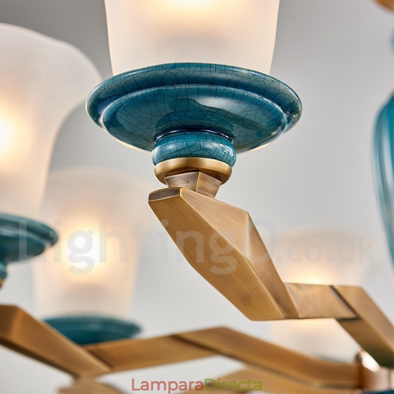 Lámpara colgante retro vintage de cerámica de latón con pantallas de cristal.