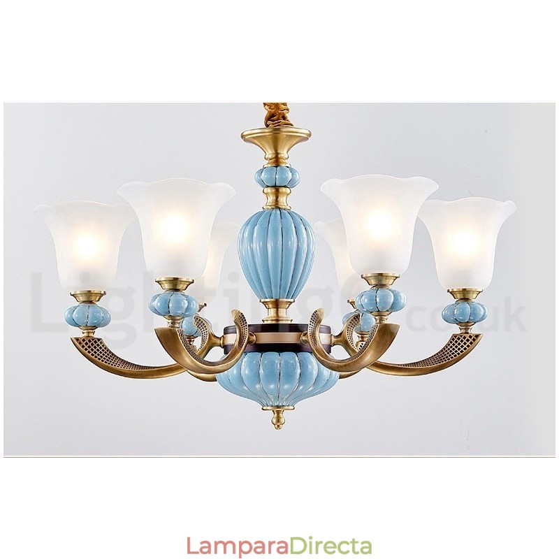 Lámpara colgante retro vintage de cerámica de latón con pantallas de cristal.