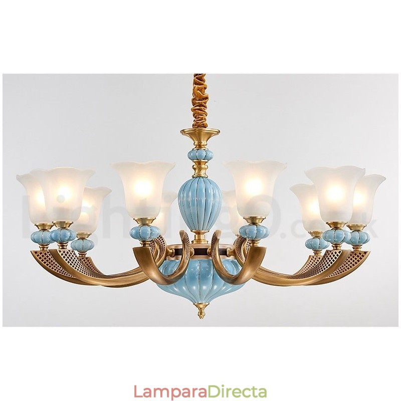Lámpara colgante retro vintage de cerámica de latón con pantallas de cristal.