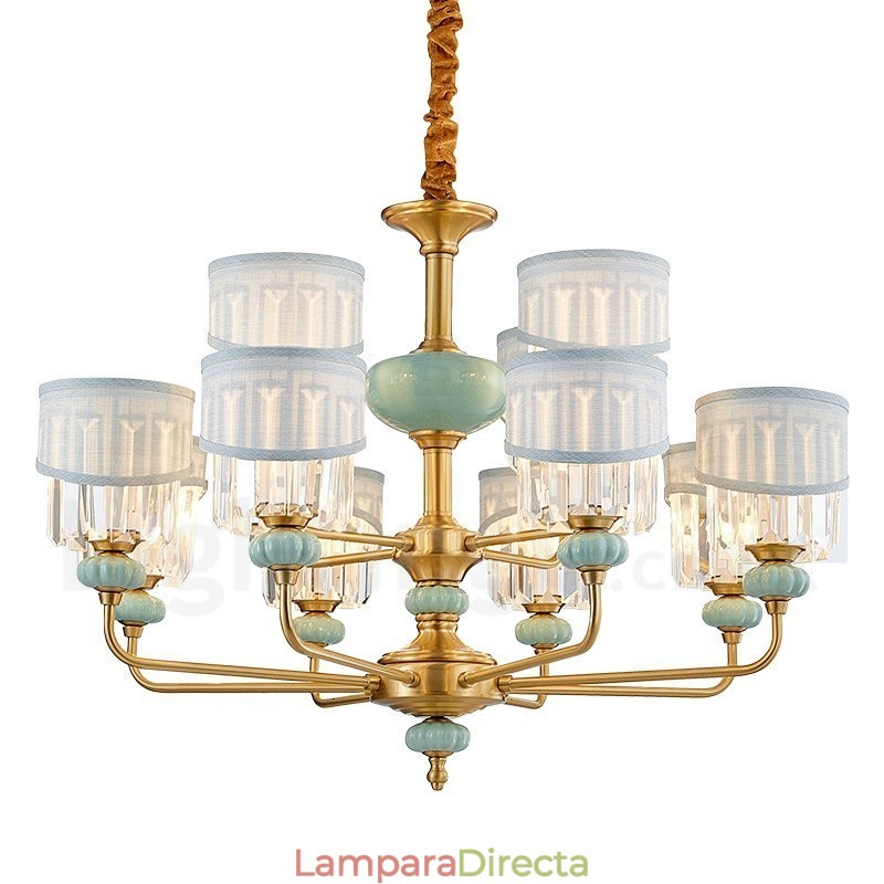 Lámpara colgante de latón puro, lujosa, rústica, retro, vintage, de cerámica, con pantallas de tela y cristal.