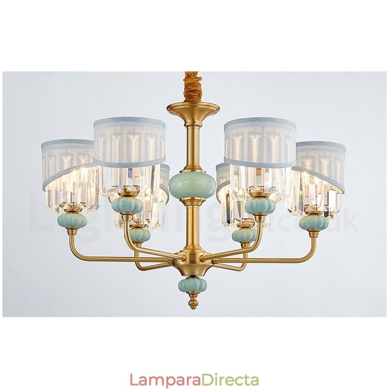 Lámpara colgante de latón puro, lujosa, rústica, retro, vintage, de cerámica, con pantallas de tela y cristal.