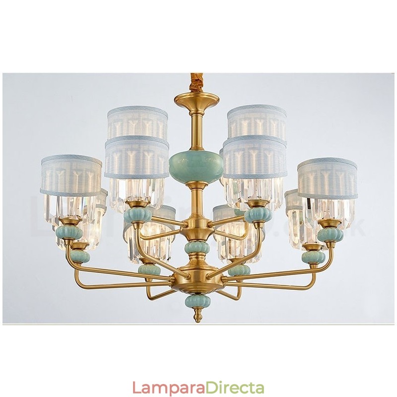 Lámpara colgante de latón puro, lujosa, rústica, retro, vintage, de cerámica, con pantallas de tela y cristal.