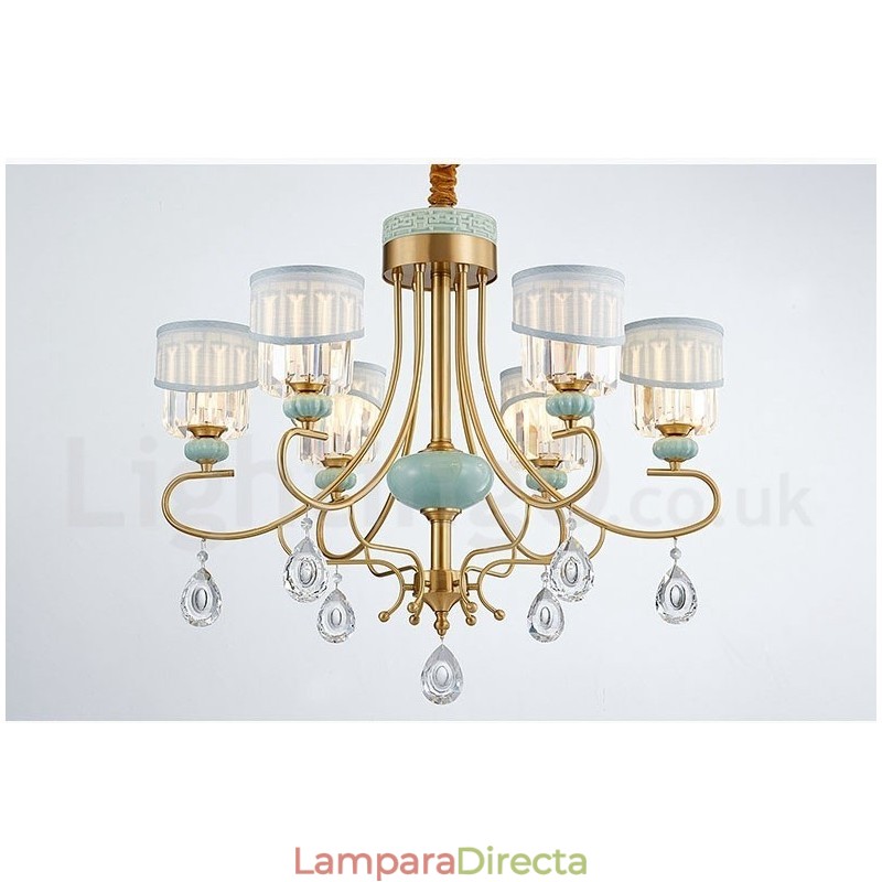 Lámpara colgante de latón puro, lujosa, rústica, retro, vintage, de cerámica, con pantallas de tela y cristal.