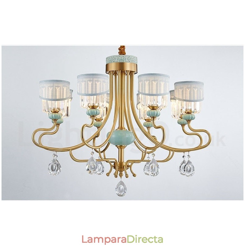 Lámpara colgante de latón puro, lujosa, rústica, retro, vintage, de cerámica, con pantallas de tela y cristal.