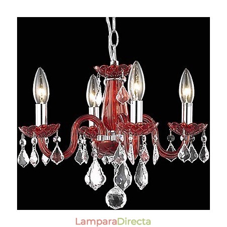 Lámpara de araña de cristal con 4 luces en color rojo. Lámpara de araña de cristal con 4 luces en color rojo.