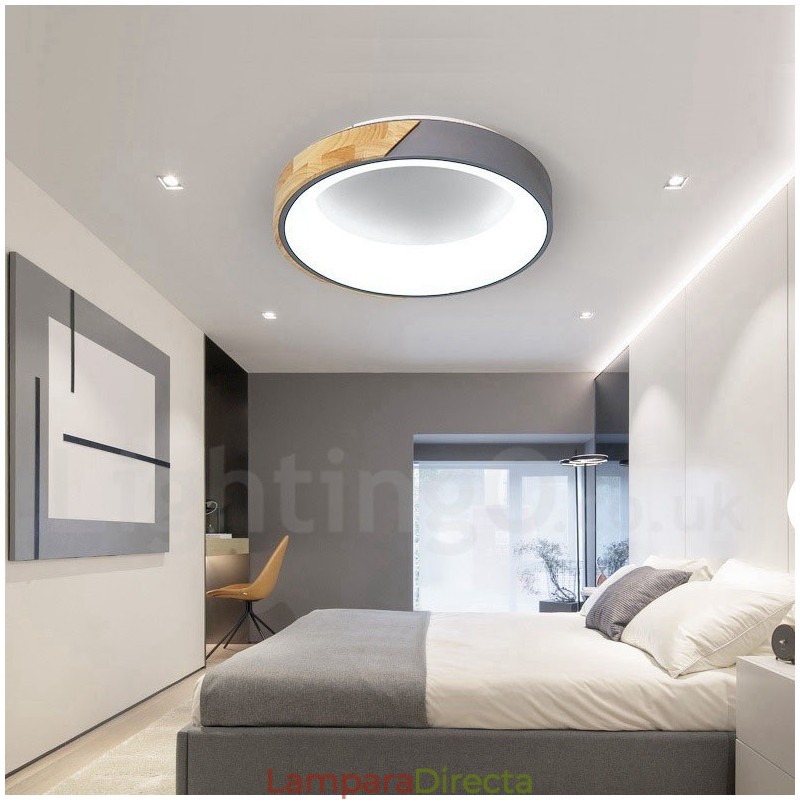 Lámpara de techo redonda de madera multicolor regulable con pantalla acrílica, estilo nórdico.
