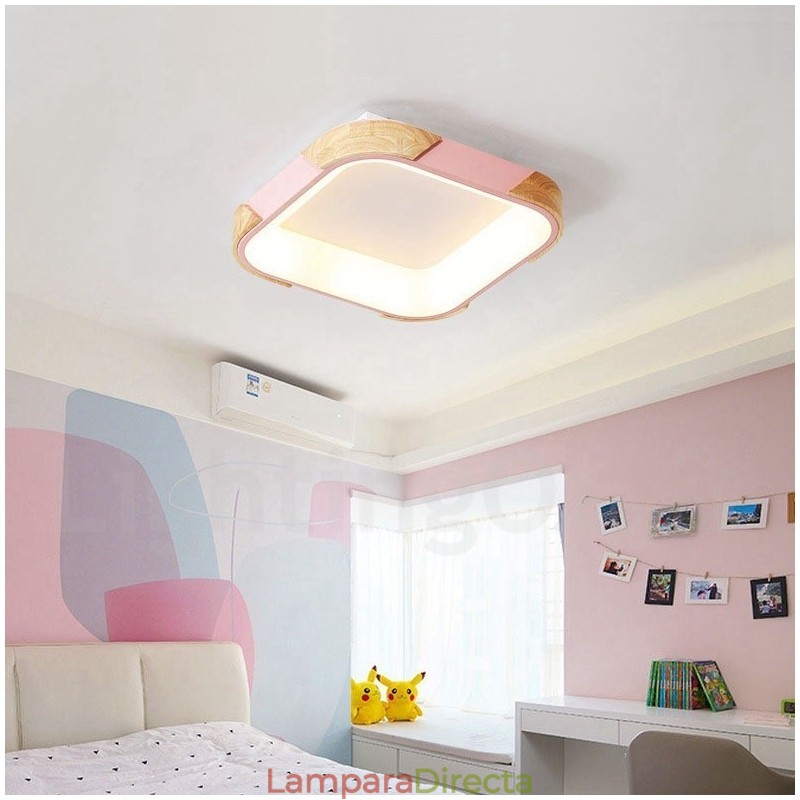 Lámpara de techo cuadrada de madera multicolor regulable con pantalla acrílica, estilo nórdico.