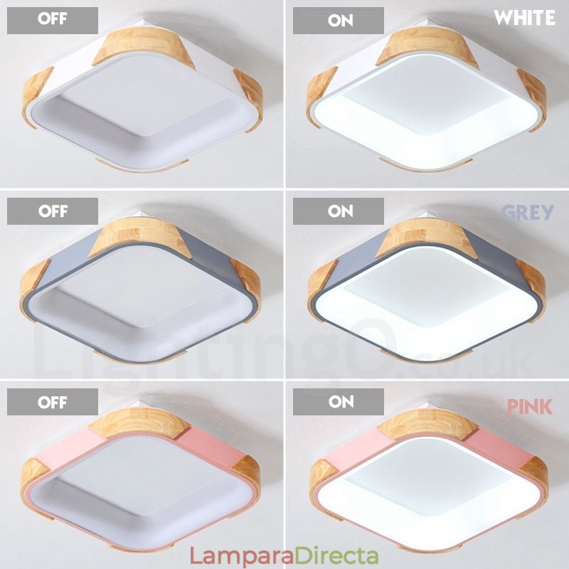 Lámpara de techo cuadrada de madera multicolor regulable con pantalla acrílica, estilo nórdico.