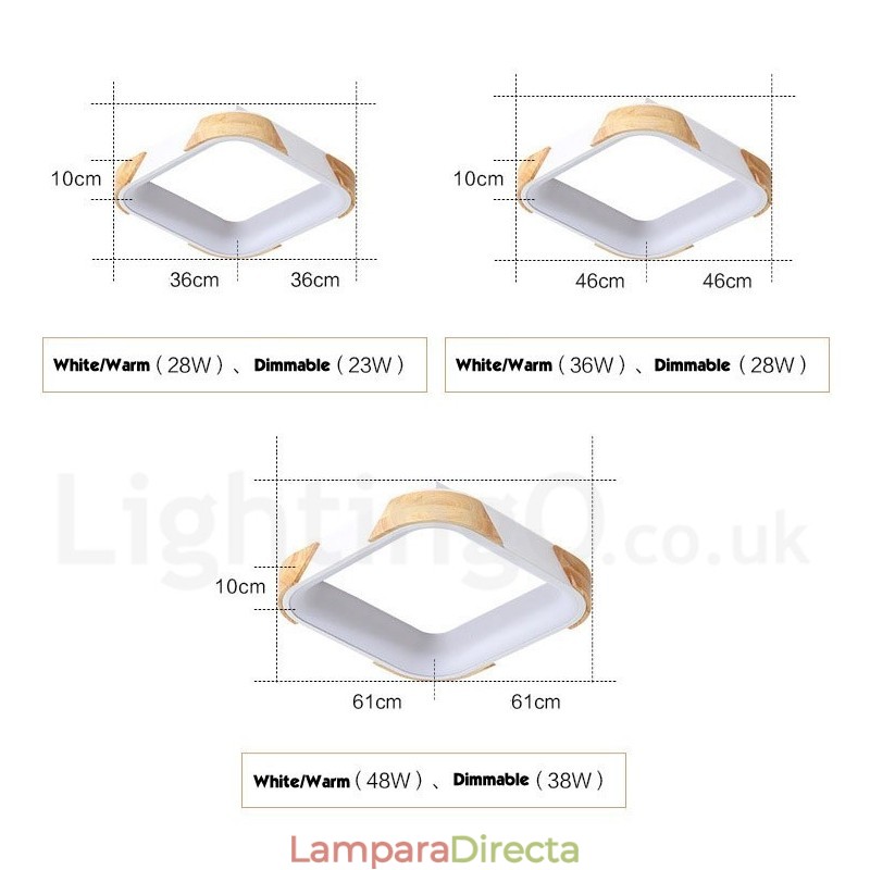 Lámpara de techo cuadrada de madera multicolor regulable con pantalla acrílica, estilo nórdico.