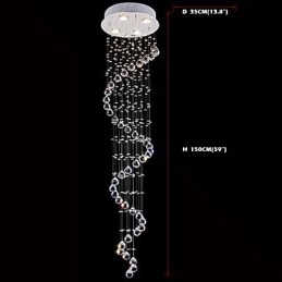 Lámpara colgante de cristal, 4 luces, plateada, transparente, K9, cristal helicoidal, 150 cm de alto.