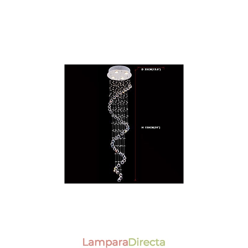 Lámpara colgante de cristal, 4 luces, plateada, transparente, K9, cristal helicoidal, 150 cm de alto.