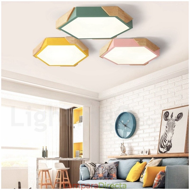 Lámpara de techo de madera ultrafina multicolor con pantalla acrílica, regulable, estilo nórdico, modelo Macaron