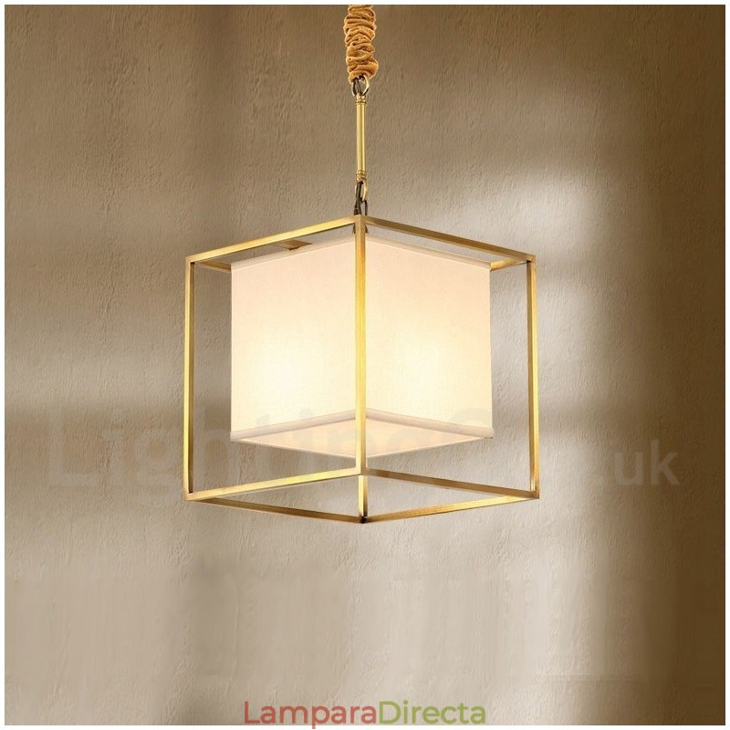 Lámpara colgante de latón puro, sencilla, rústica, retro, vintage, con pantalla de tela