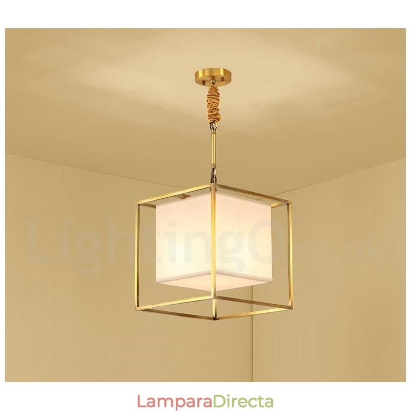 Lámpara colgante de latón puro, sencilla, rústica, retro, vintage, con pantalla de tela