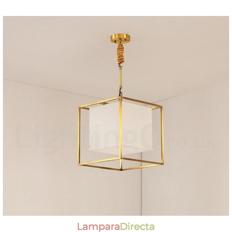 Lámpara colgante de latón puro, sencilla, rústica, retro, vintage, con pantalla de tela