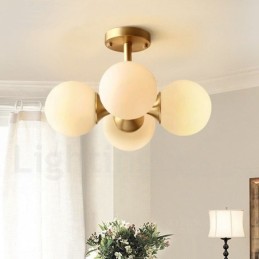 Lámpara de techo empotrada de 4 luces de latón puro, moderna, contemporánea, sencilla, rústica, retro, vintage, con pantallas de vidrio