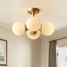 Lámpara de techo empotrada de 4 luces de latón puro, moderna, contemporánea, sencilla, rústica, retro, vintage, con pantallas de vidrio