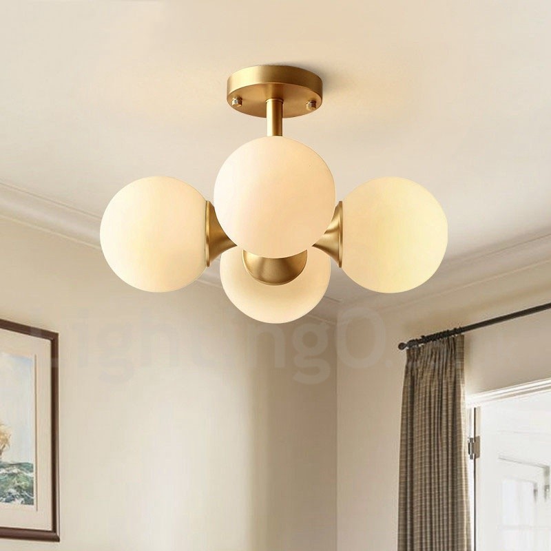 Lámpara de techo empotrada de 4 luces de latón puro, moderna, contemporánea, sencilla, rústica, retro, vintage, con pantallas de vidrio