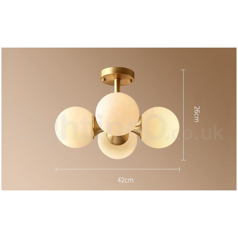 Lámpara de techo empotrada de 4 luces de latón puro, moderna, contemporánea, sencilla, rústica, retro, vintage, con pantallas de vidrio