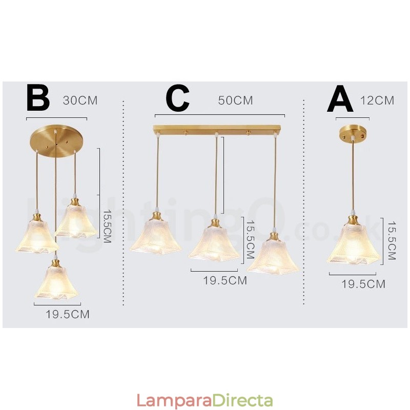 Lámpara colgante rústica de estilo nórdico de latón puro con pantalla de cristal