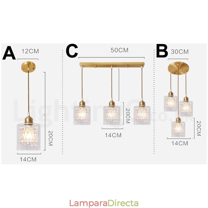 Lámpara colgante rústica de estilo nórdico de latón puro con pantalla de cristal