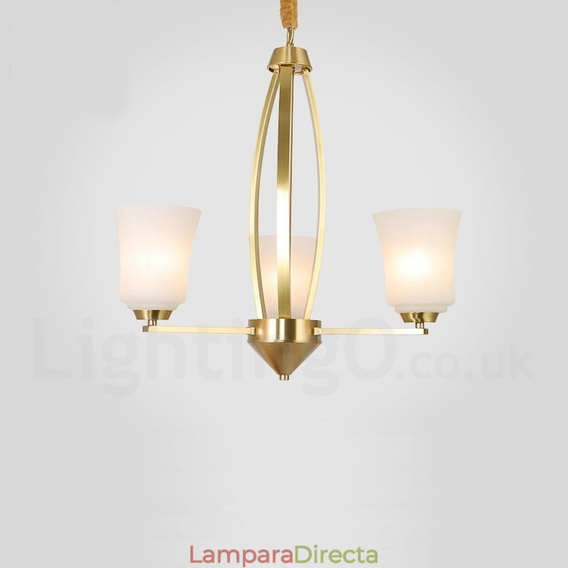 Lámpara colgante grande de latón puro de 3 luces, estilo rústico, retro, vintage, con pantallas de cristal