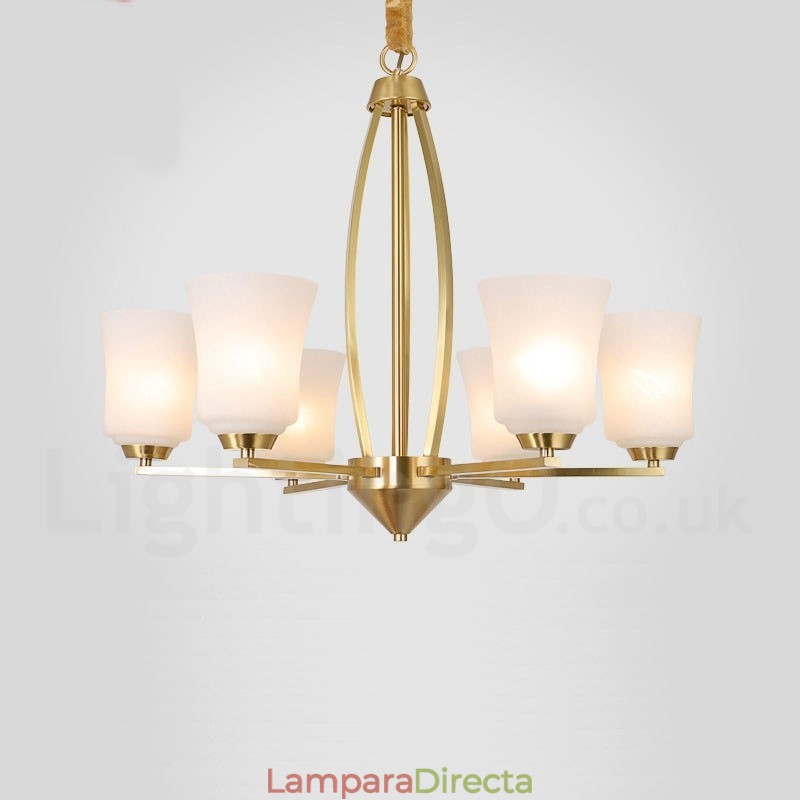 Lámpara colgante grande de latón puro de 6 luces, estilo rústico, retro, vintage, con pantallas de cristal