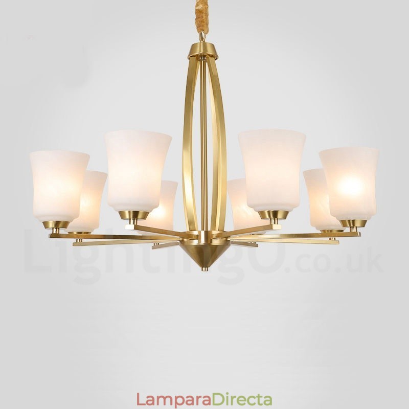 Lámpara colgante grande de latón puro de 8 luces, estilo rústico, retro, vintage, con pantallas de cristal