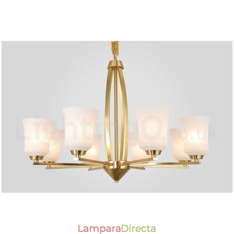 Lámpara colgante grande de latón puro de 8 luces, estilo rústico, retro, vintage, con pantallas de cristal