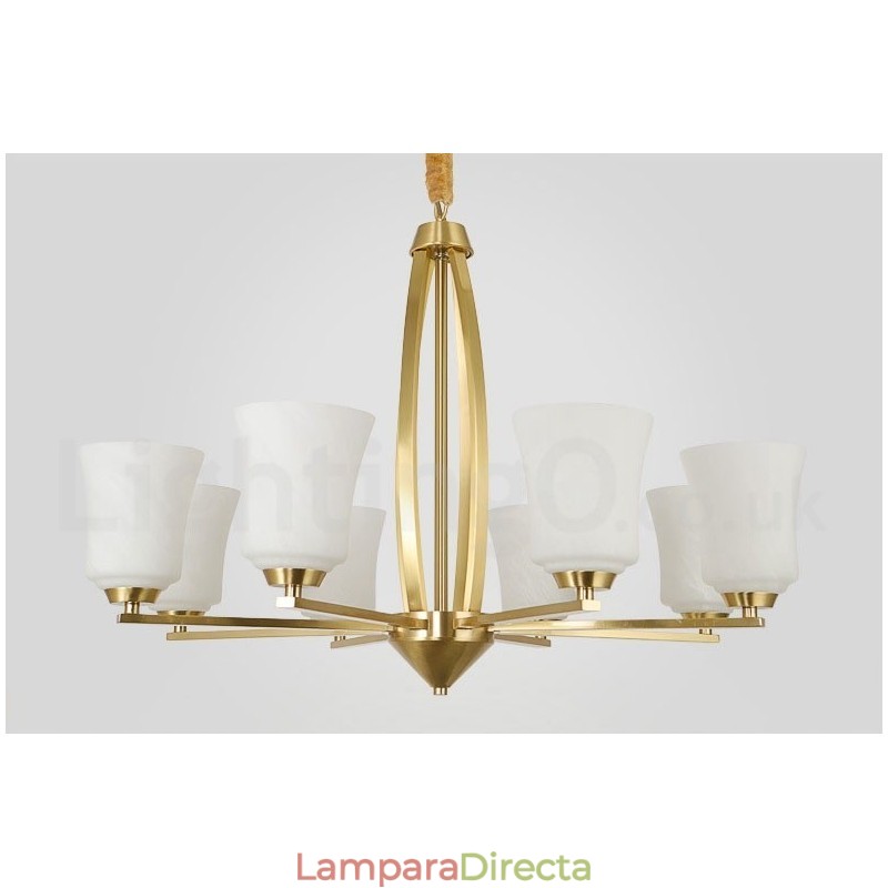 Lámpara colgante grande de latón puro de 8 luces, estilo rústico, retro, vintage, con pantallas de cristal