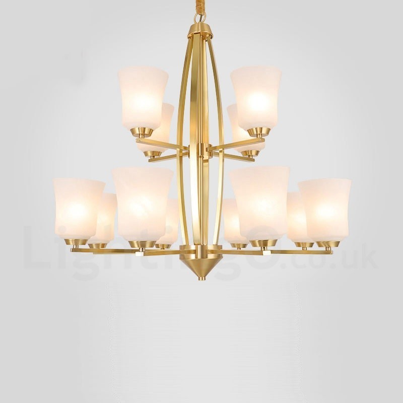 Lámpara colgante grande de latón puro de 12 luces, estilo rústico, retro, vintage, con pantallas de cristal.