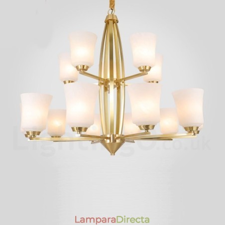 Lámpara colgante grande de latón puro de 15 luces, estilo rústico, retro, vintage, con pantallas de cristal. Lámpara colgante grande de latón puro de 15 luces, estilo rústico, retro, vintage, con pantallas de cristal.