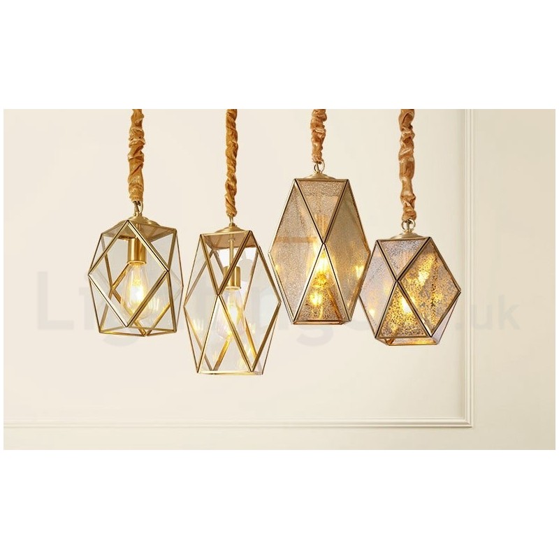 Lámpara colgante rústica de estilo nórdico de latón puro con pantalla de cristal